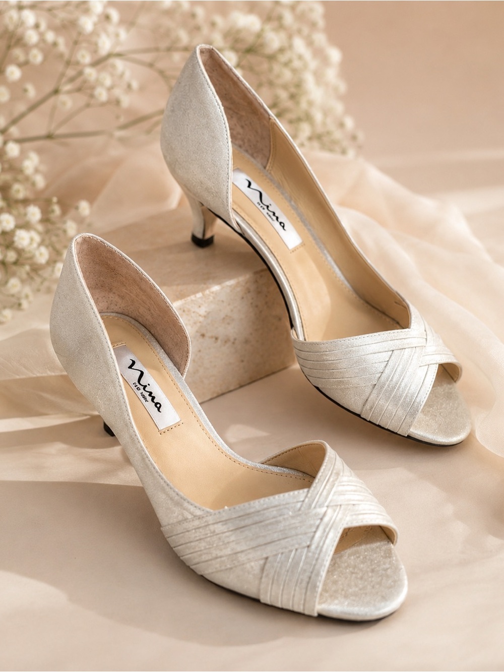 Nina Ivory Satin Peep-Toe Kitten Heel Pumps